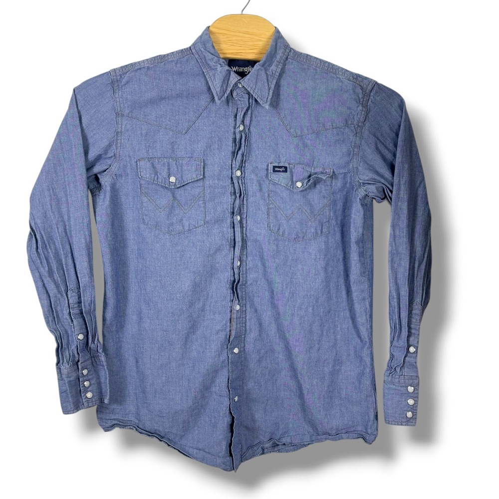 Wrangler Western Shirt Mens LT Blue‎ Vintage 90s Pearl Snap Chambray Tall